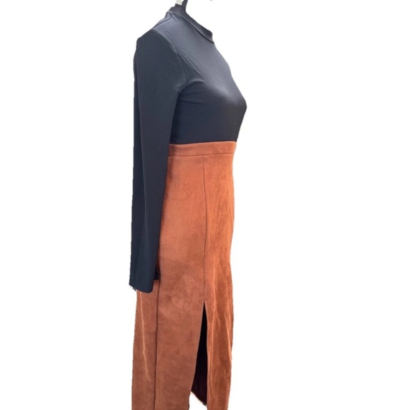 BCBGeneration Mixed Media Sheath Fall Dress Cinnamon Size S Faux Suede Slits NWT - Picture 9 of 10